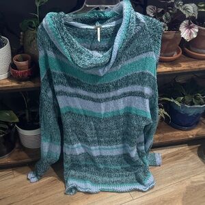 Free People Teal and Gray Cowl Neck Sweater